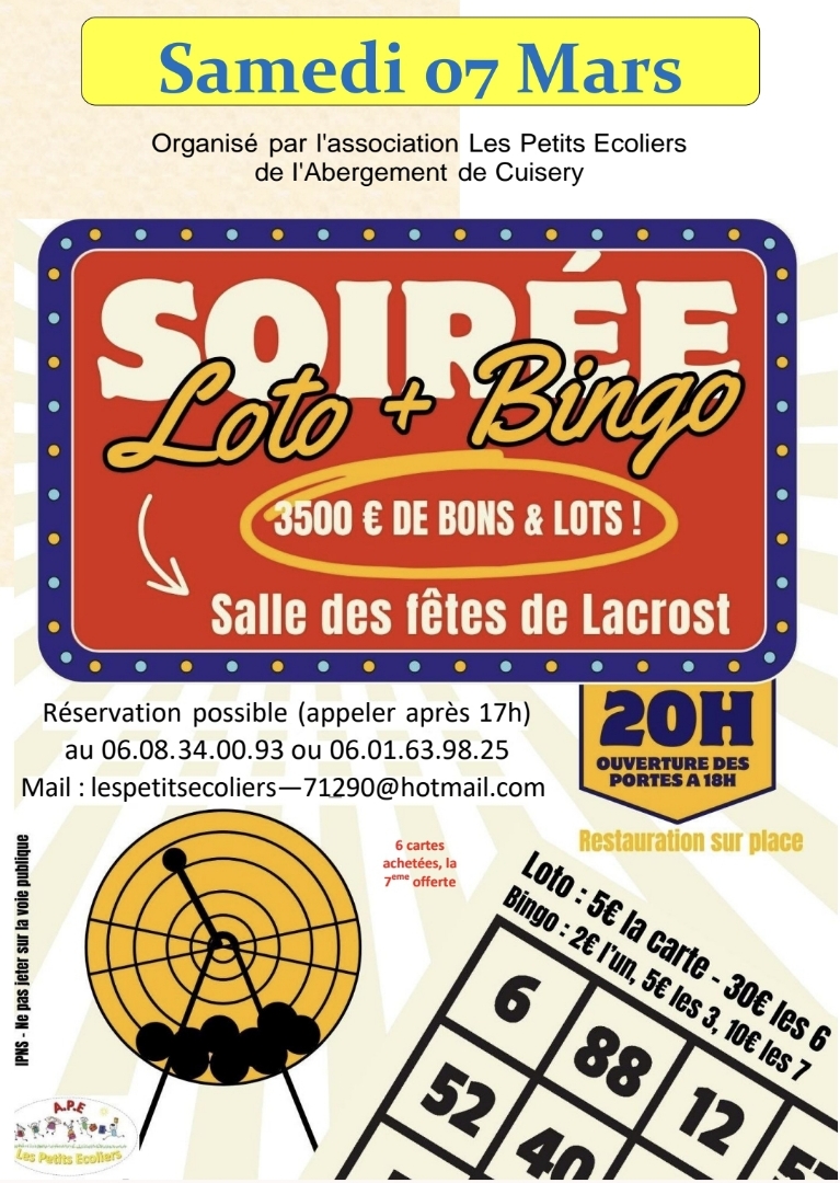 LOTO CONVIVIAL À LACROST Samedi 7 mars 2026 à partir de 18h00
